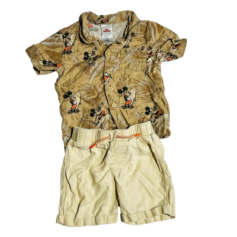 Disney Tan and Brown Linen Kids Matching Set shirt and shorts